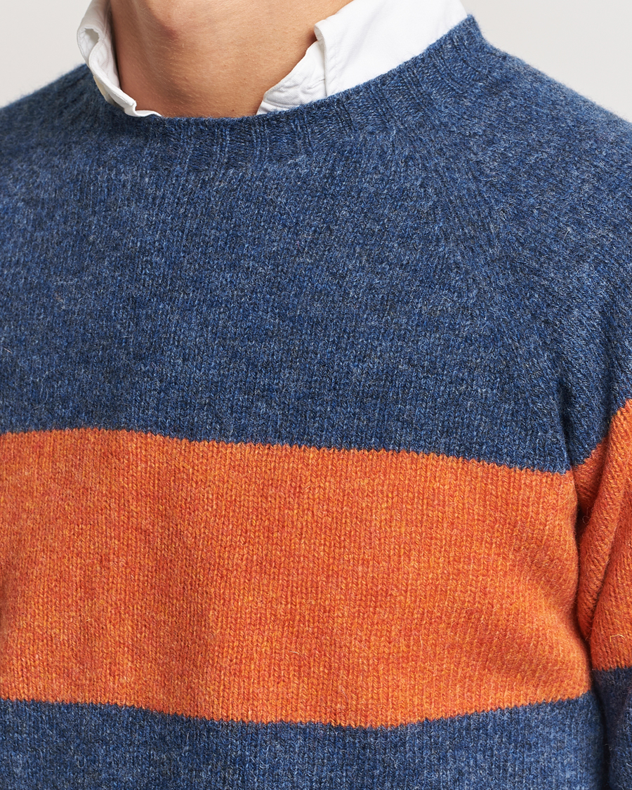 Men | Sweaters & Knitwear | Harley Of Scotland | Block Stripe Lambswool Crewneck Blue/Orange