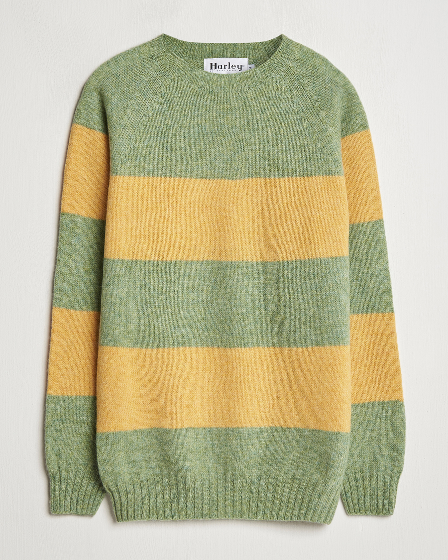 Men | Sweaters & Knitwear | Harley Of Scotland | Block Stripe Lambswool Crewneck Yellow/Green