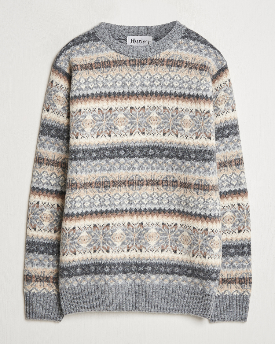 Men | Sweaters & Knitwear | Harley Of Scotland | Supersoft Lambswool Fairisle Crewneck Grey
