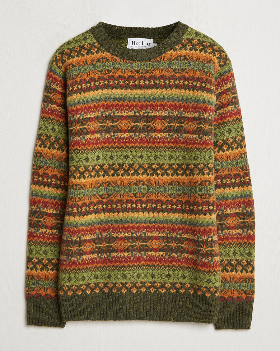Men | Sweaters & Knitwear | Harley Of Scotland | Supersoft Lambswool Fairisle Crewneck Green