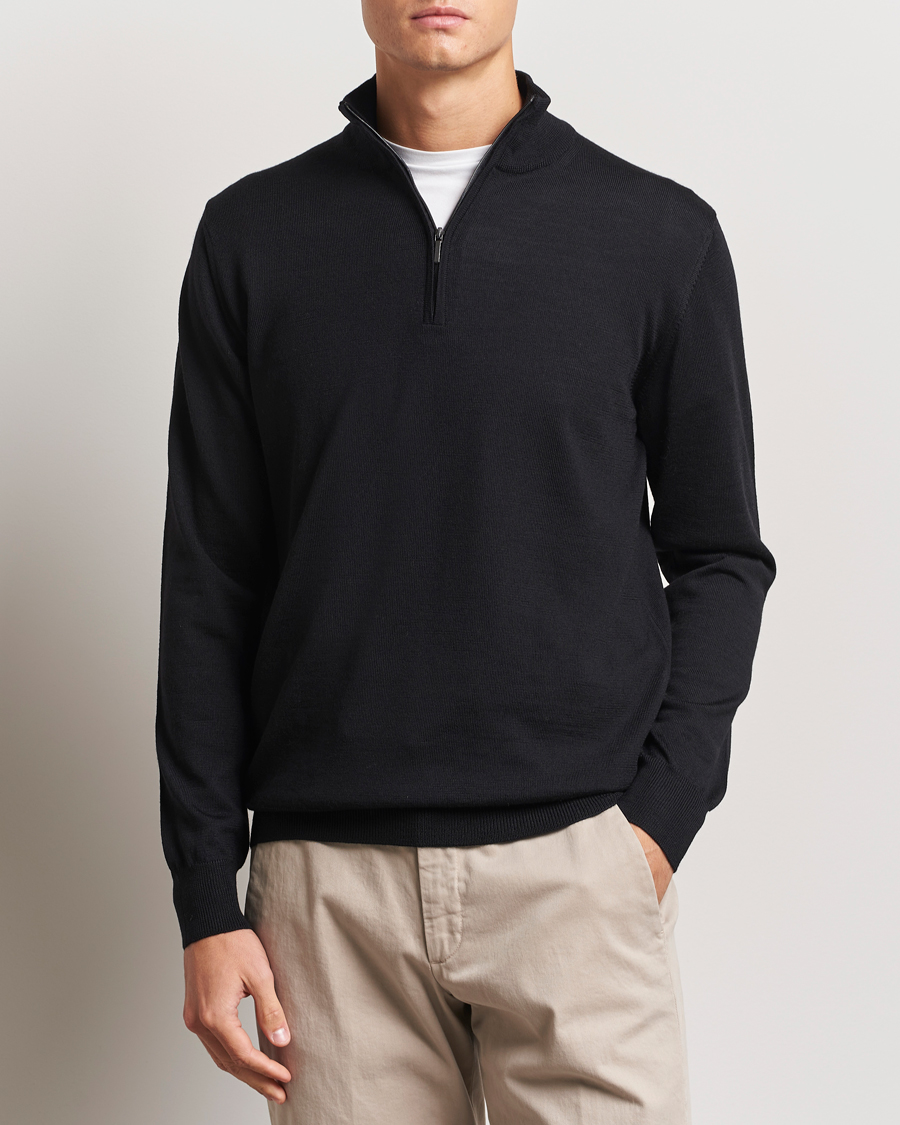 Men | Sweaters & Knitwear | Morgano | Extra Fine Merino Wool Half-Zip Black