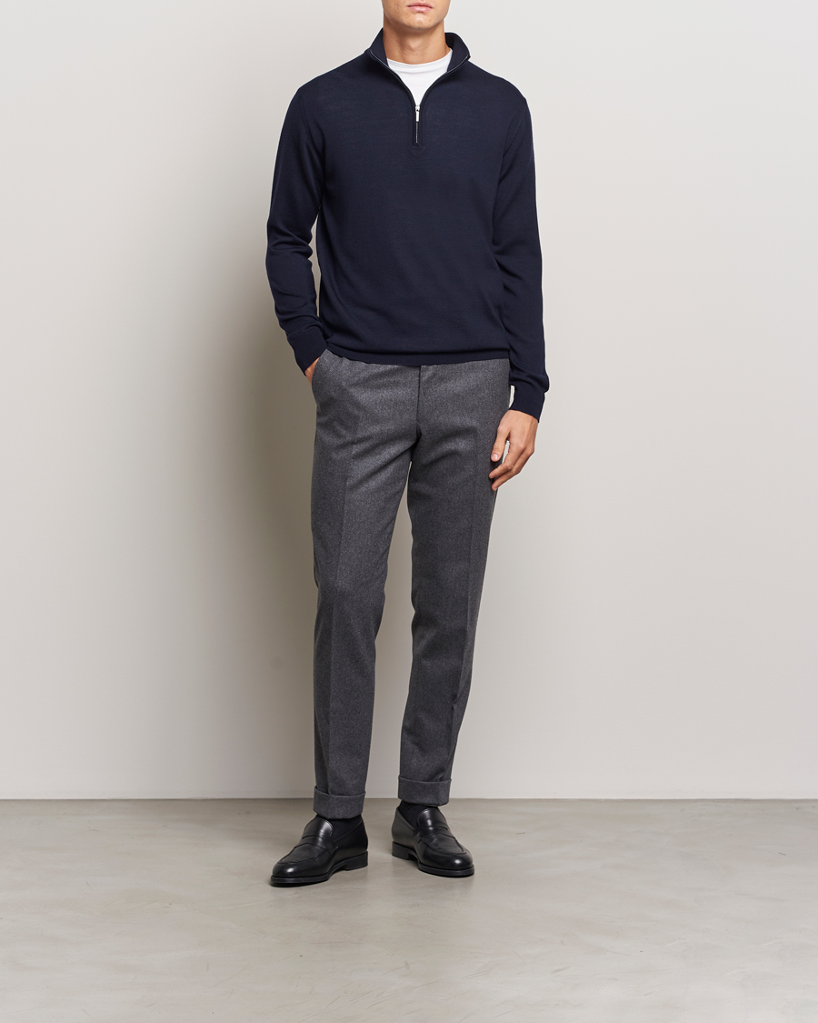 Men | Sweaters & Knitwear | Morgano | Extra Fine Merino Wool Half-Zip Navy