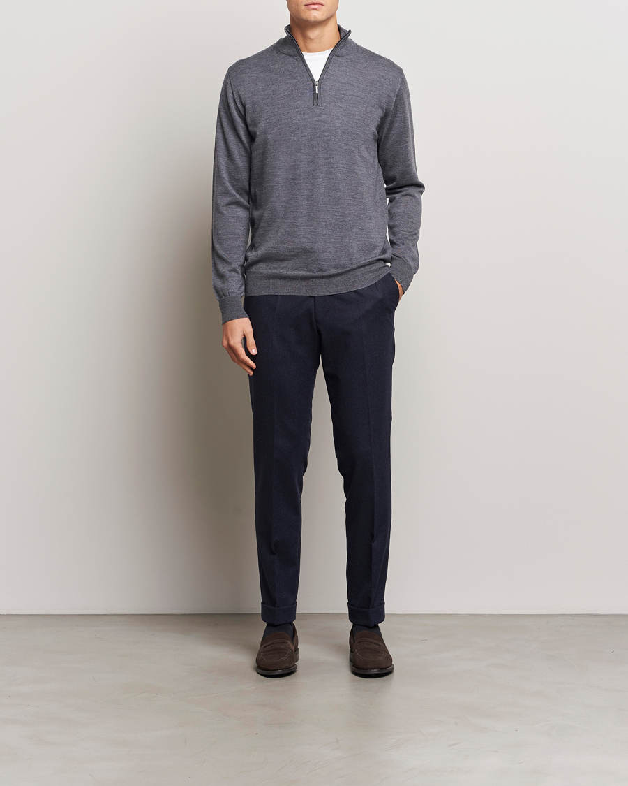 Men | Sweaters & Knitwear | Morgano | Extra Fine Merino Wool Half-Zip Mid Grey