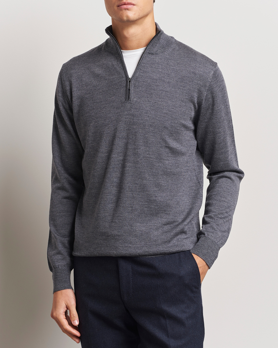 Men | Sweaters & Knitwear | Morgano | Extra Fine Merino Wool Half-Zip Mid Grey