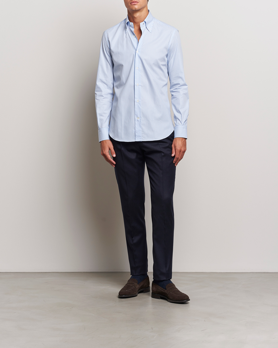 Men | Shirts | Mazzarelli | Soft Cotton Striped Button Down Shirt Light Blue