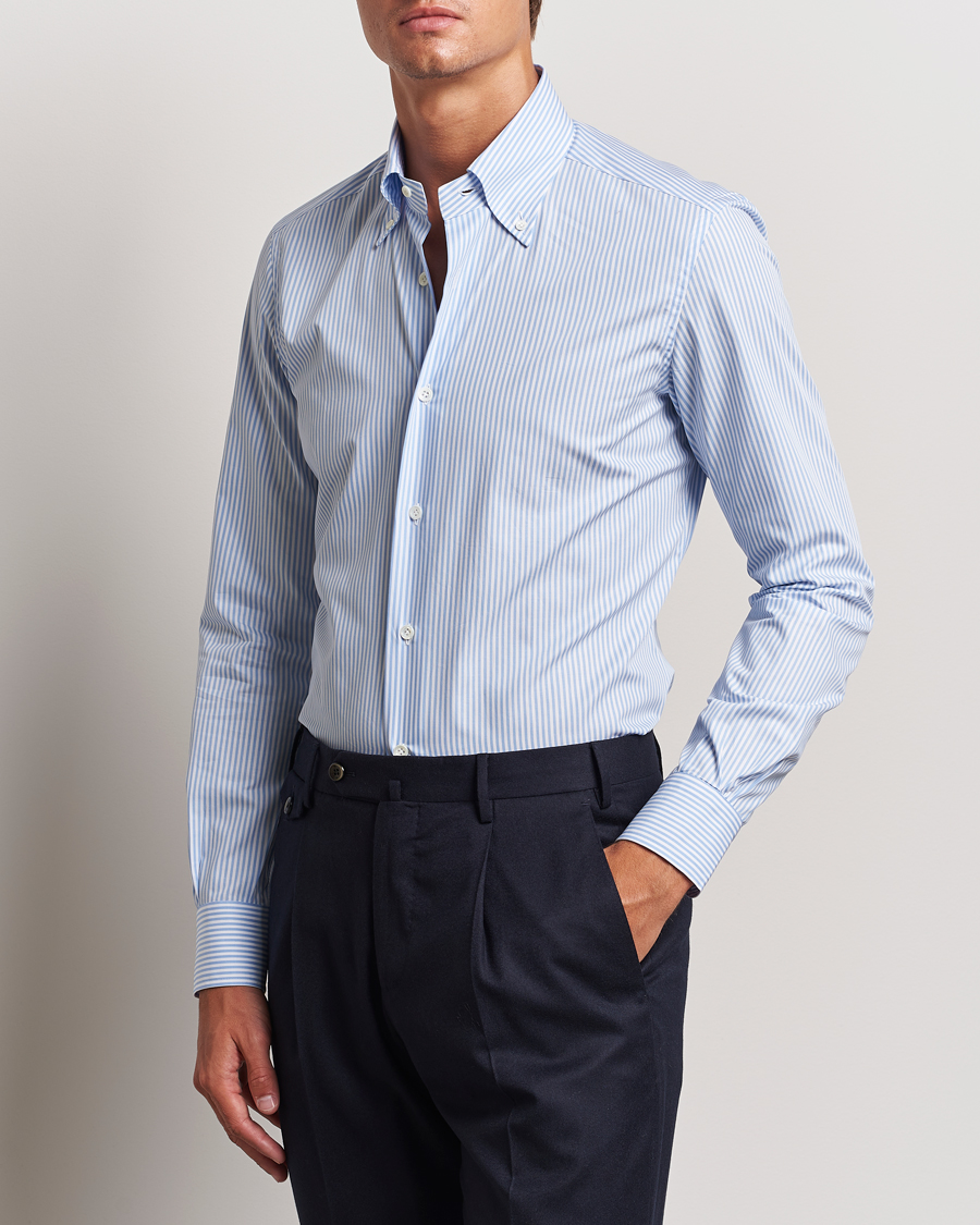 Men | Shirts | Mazzarelli | Soft Cotton Striped Button Down Shirt Light Blue