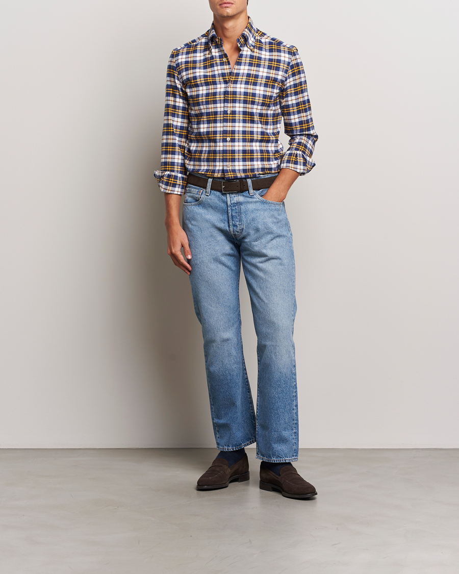 Men | Shirts | Mazzarelli | Soft Flannel Check Button Down Shirt Blue/White
