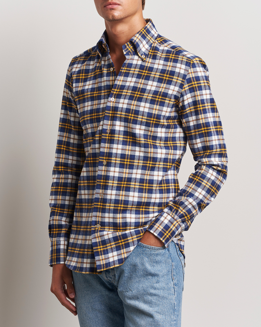 Men | Shirts | Mazzarelli | Soft Flannel Check Button Down Shirt Blue/White