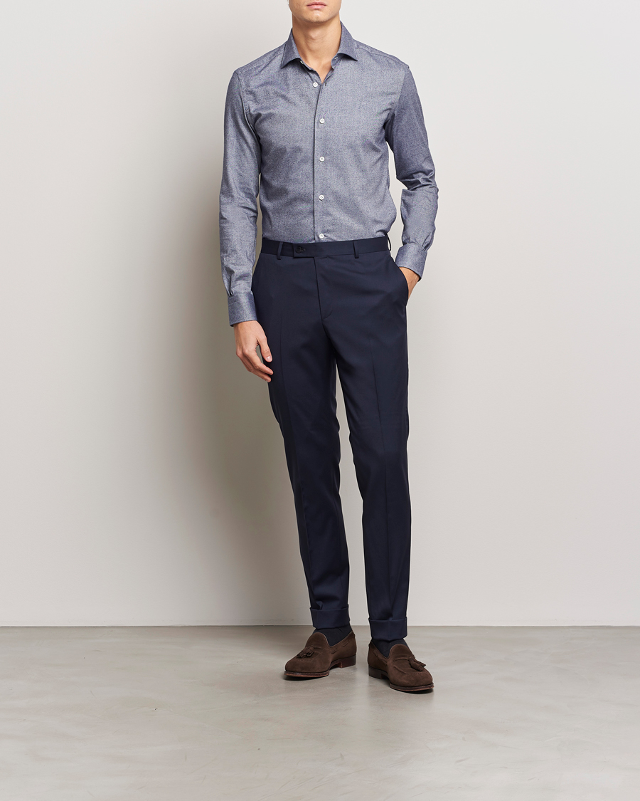 Men | Shirts | Mazzarelli | Soft Flannel Cut Away Shirt Dark Blue