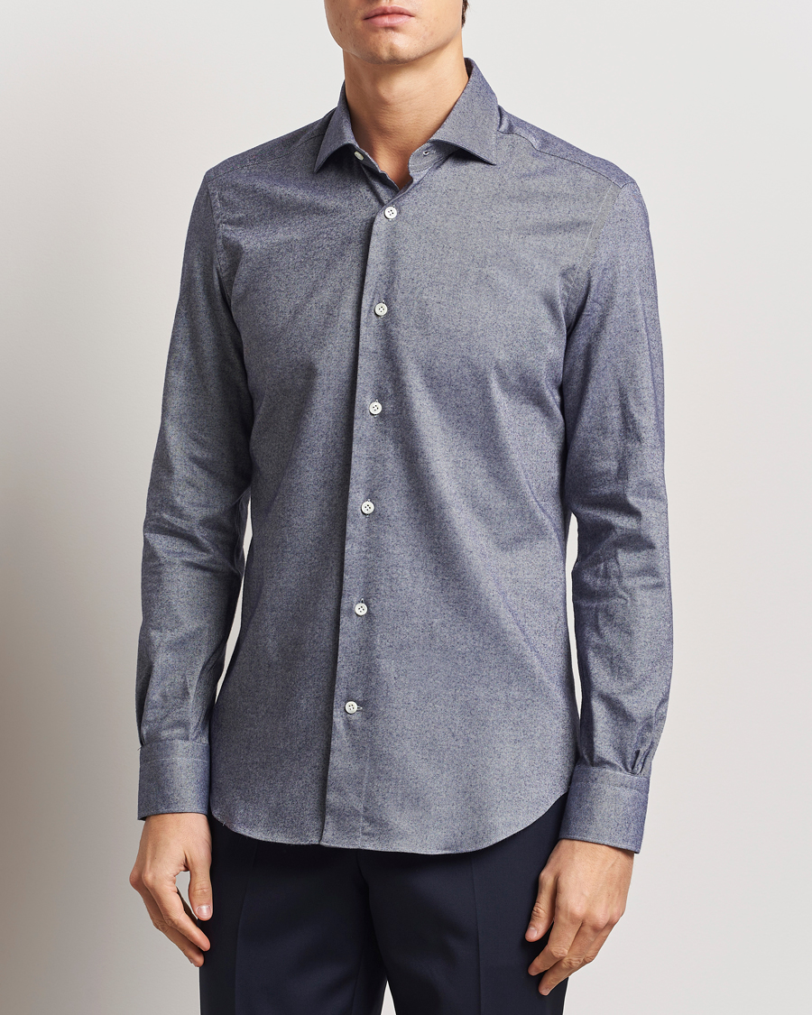 Men | Shirts | Mazzarelli | Soft Flannel Cut Away Shirt Dark Blue