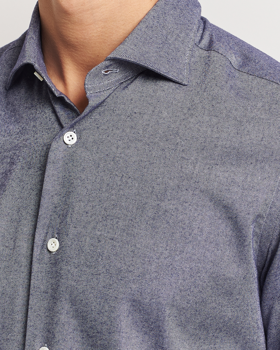 Men | Shirts | Mazzarelli | Soft Flannel Cut Away Shirt Dark Blue