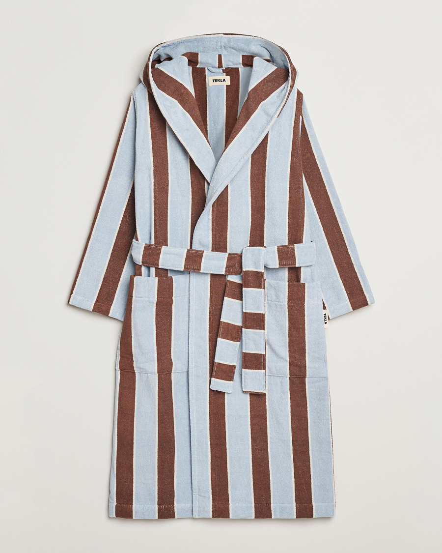 Men | Tekla Organic Terry Hooded Bathrobe Cocoa Stripes | Tekla | Organic Terry Hooded Bathrobe Cocoa Stripes