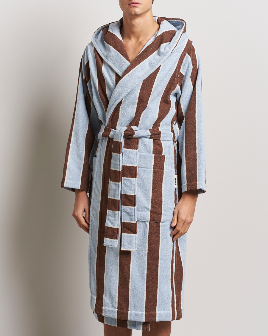Men | Tekla Organic Terry Hooded Bathrobe Cocoa Stripes | Tekla | Organic Terry Hooded Bathrobe Cocoa Stripes