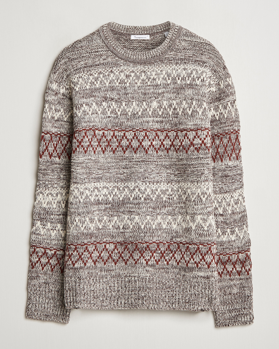 Men | Sweaters & Knitwear | KnowledgeCotton Apparel | Knitted Pattern Lambswool Crewneck Brown