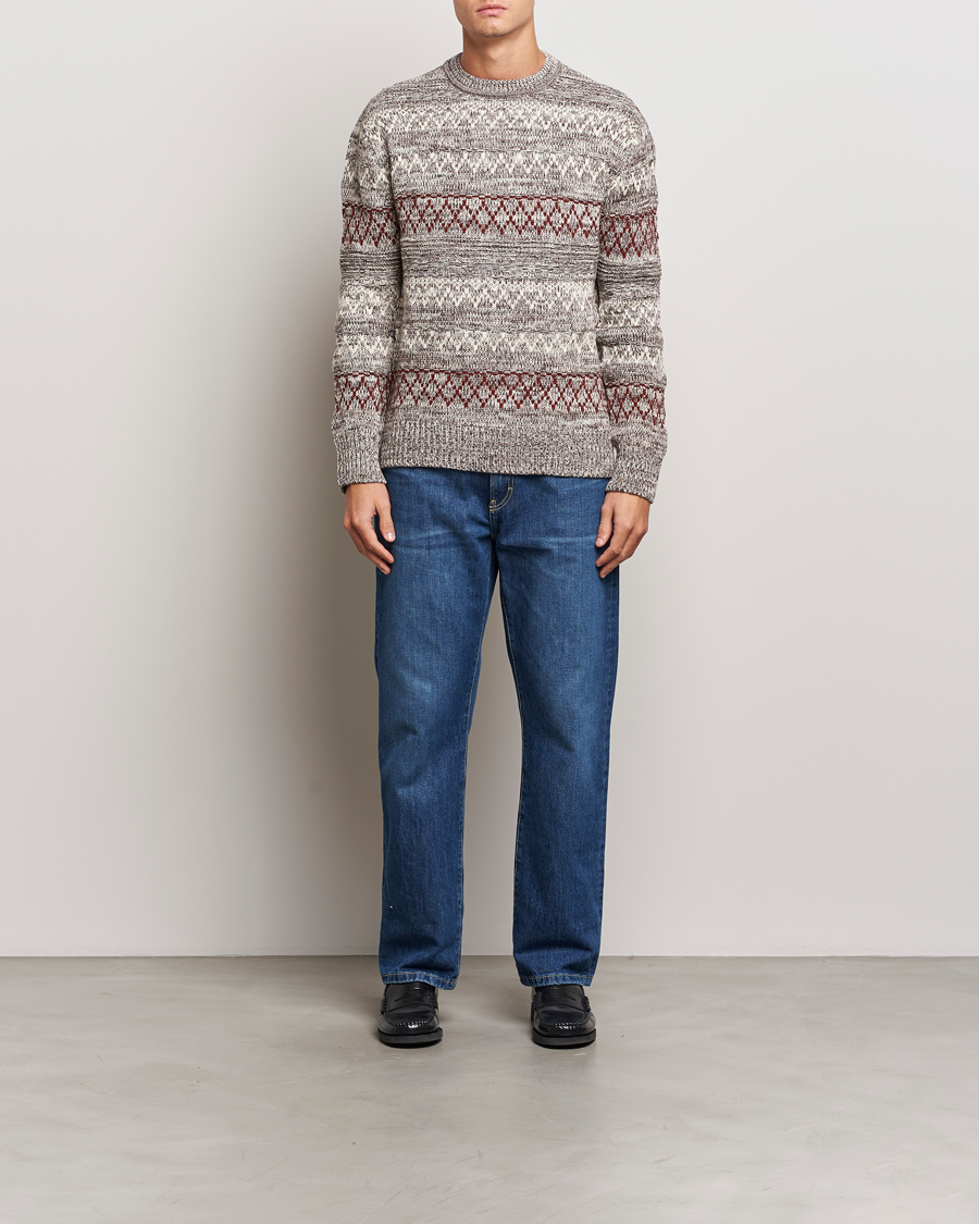 Men | Sweaters & Knitwear | KnowledgeCotton Apparel | Knitted Pattern Lambswool Crewneck Brown