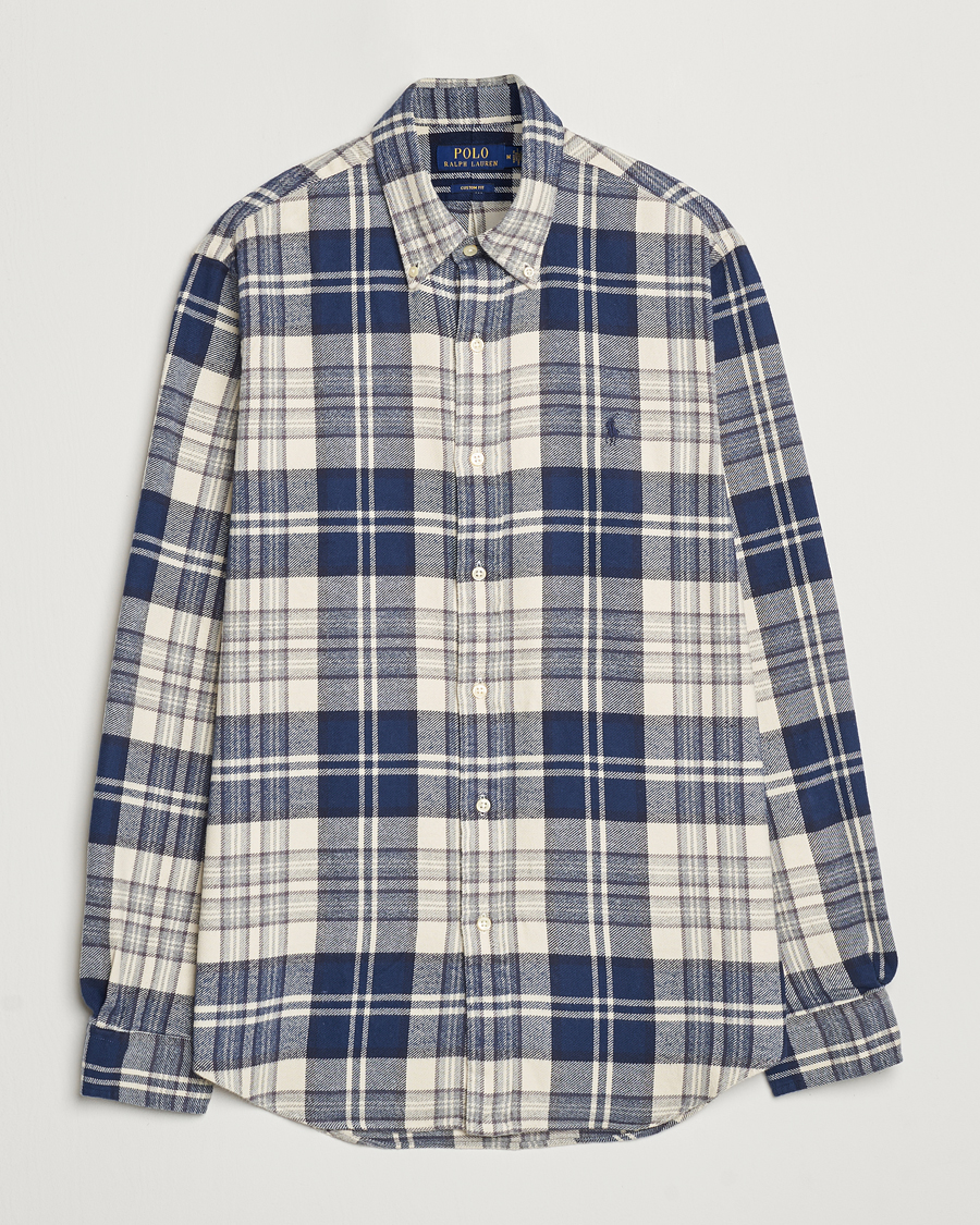 Men | Shirts | Polo Ralph Lauren | Custom Fit Brushed Flannel Checked Shirt White/Navy