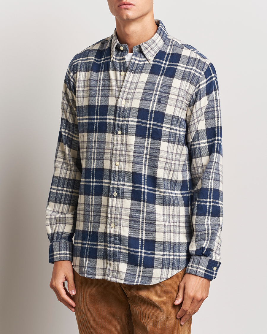 Men | Shirts | Polo Ralph Lauren | Custom Fit Brushed Flannel Checked Shirt White/Navy