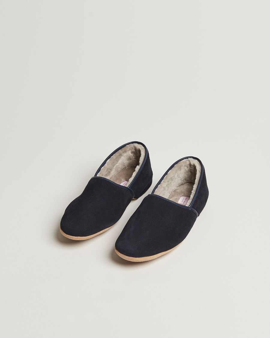 Men | Sandals & Slides | Derek Rose | Crawford Sheepskin Suede Slippers Navy