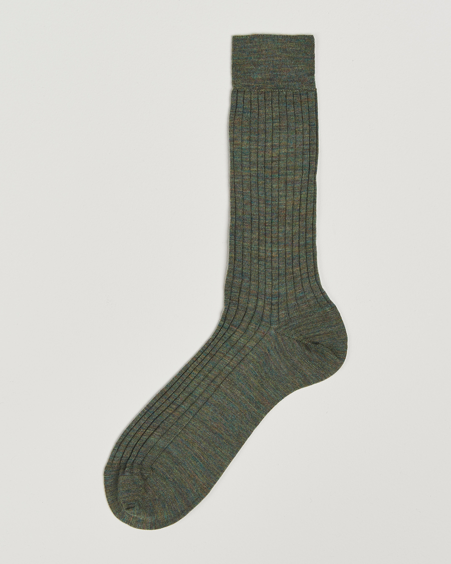 Men | Underwear & Socks | Bresciani | Wool/Nylon Ribbed Short Socks Green Melange