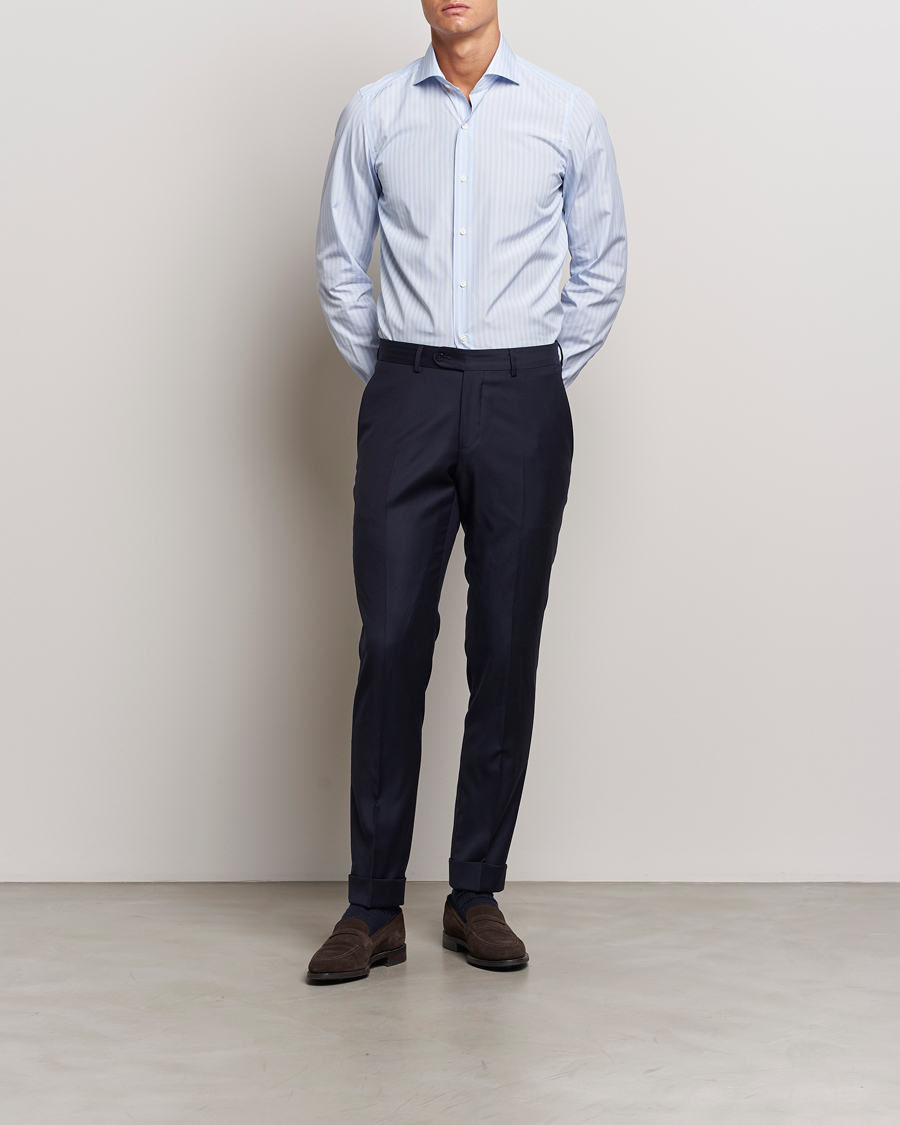 Men | Shirts | Finamore Napoli | Milano Slim Giza 170 Striped Dress Shirt Blue