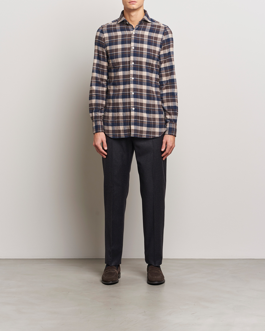 Men | Shirts | Finamore Napoli | Gaeta Flannel Shirt Navy Check
