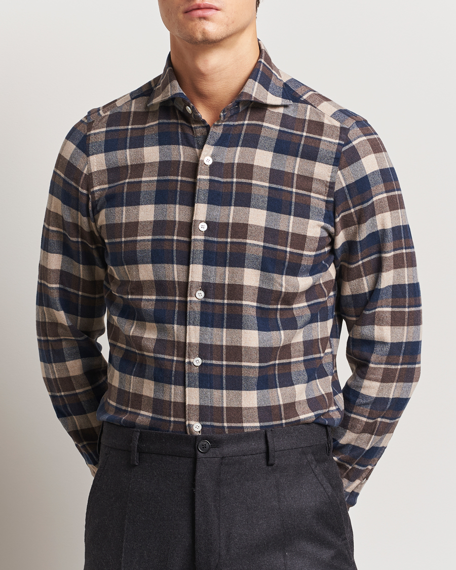 Men | Shirts | Finamore Napoli | Gaeta Flannel Shirt Navy Check
