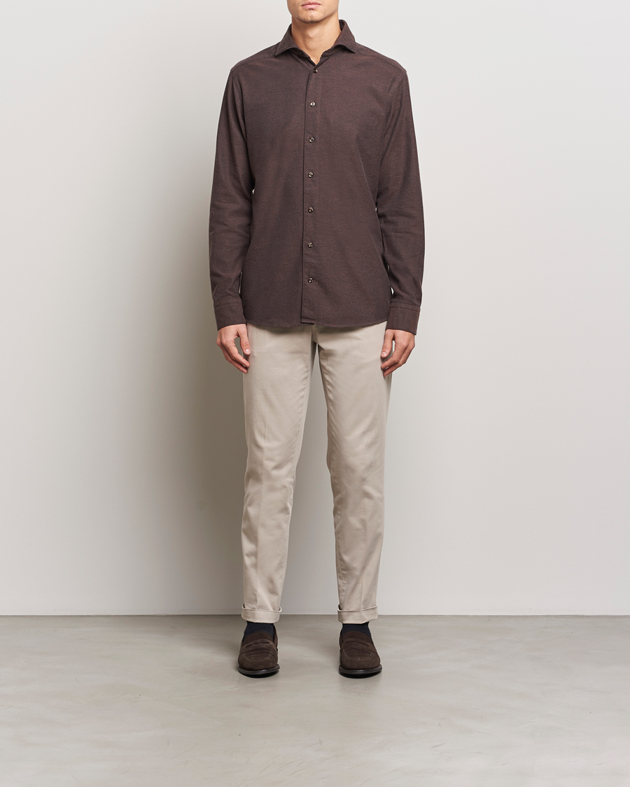 Men | Shirts | Eton | Slim Fit Twill Flannel Shirt Dark Brown