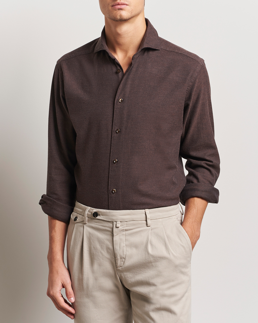 Men | Shirts | Eton | Slim Fit Twill Flannel Shirt Dark Brown