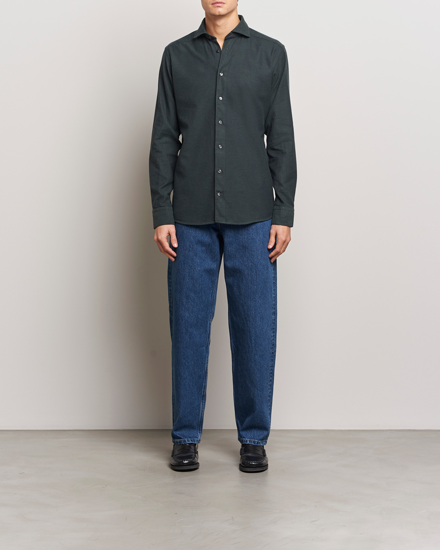 Men | Shirts | Eton | Slim Fit Twill Flannel Shirt Dark Green