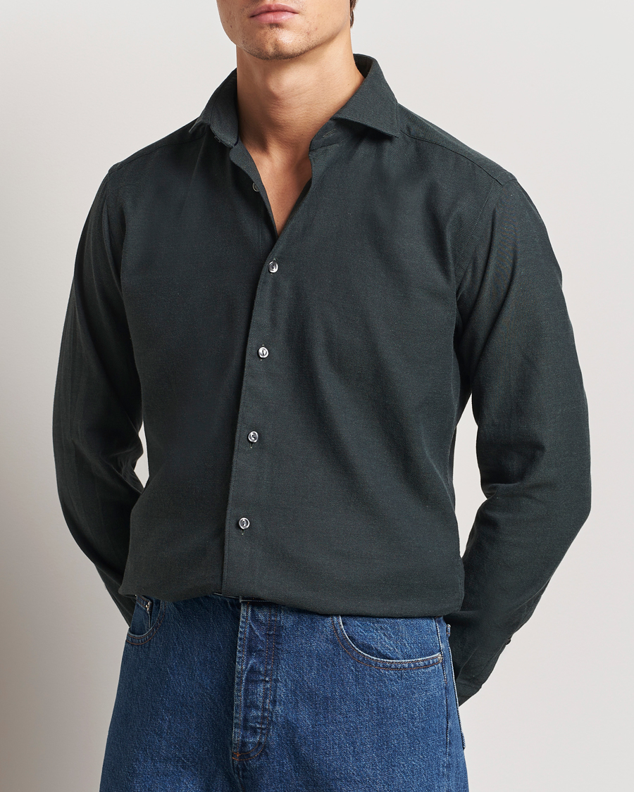 Men | Shirts | Eton | Slim Fit Twill Flannel Shirt Dark Green