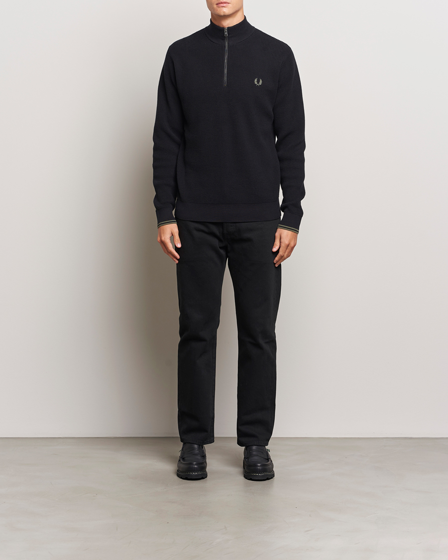 Men | Sweaters & Knitwear | Fred Perry | Waffle Stitch Half Zip Black