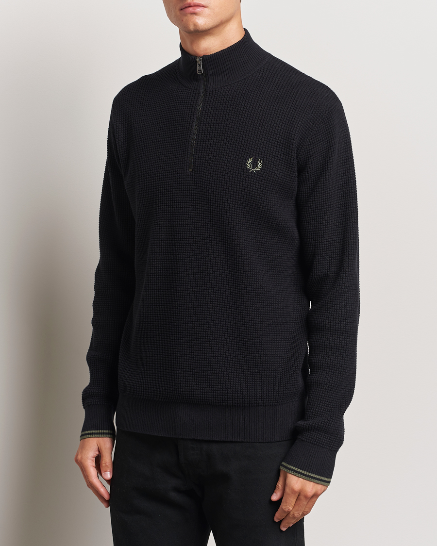 Men | Sweaters & Knitwear | Fred Perry | Waffle Stitch Half Zip Black