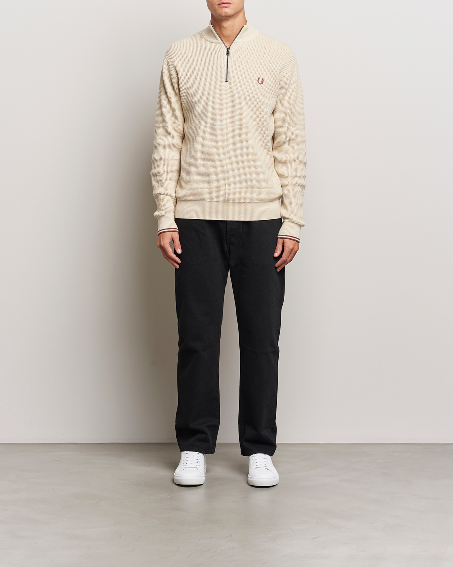 Men | Sweaters & Knitwear | Fred Perry | Waffle Stitch Half Zip Oatmeal