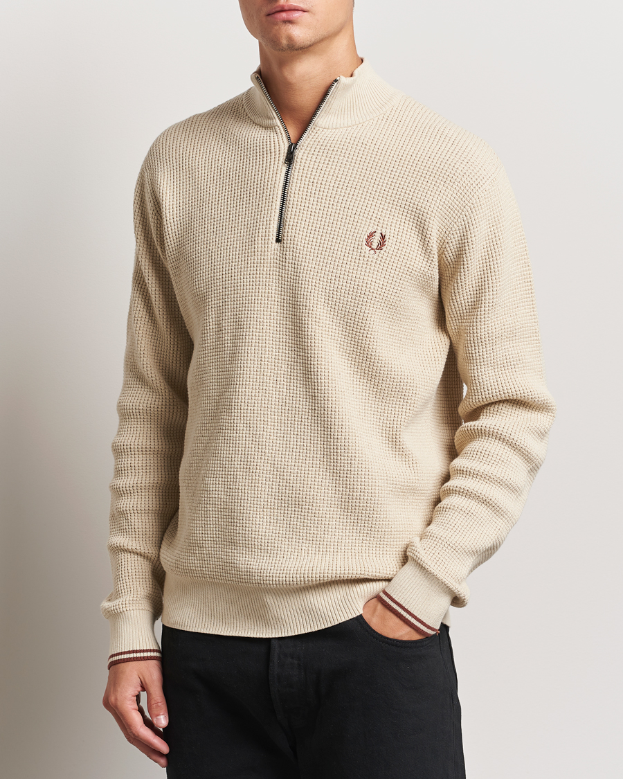 Men | Sweaters & Knitwear | Fred Perry | Waffle Stitch Half Zip Oatmeal