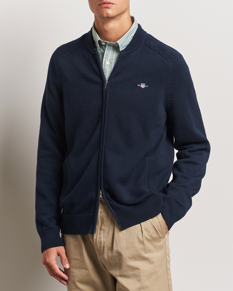 Men | Sweaters & Knitwear | GANT | Casual Cotton Bomber Cardigan Evening Blue