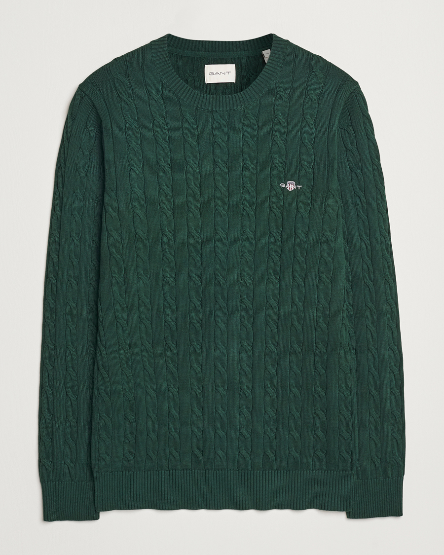 Men | Sweaters & Knitwear | GANT | Cotton Cable Crew Neck Tartan Green