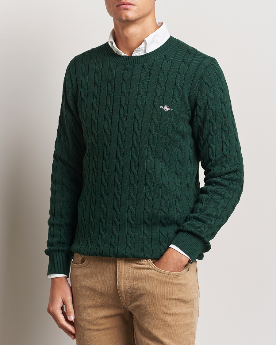 Men | Sweaters & Knitwear | GANT | Cotton Cable Crew Neck Tartan Green