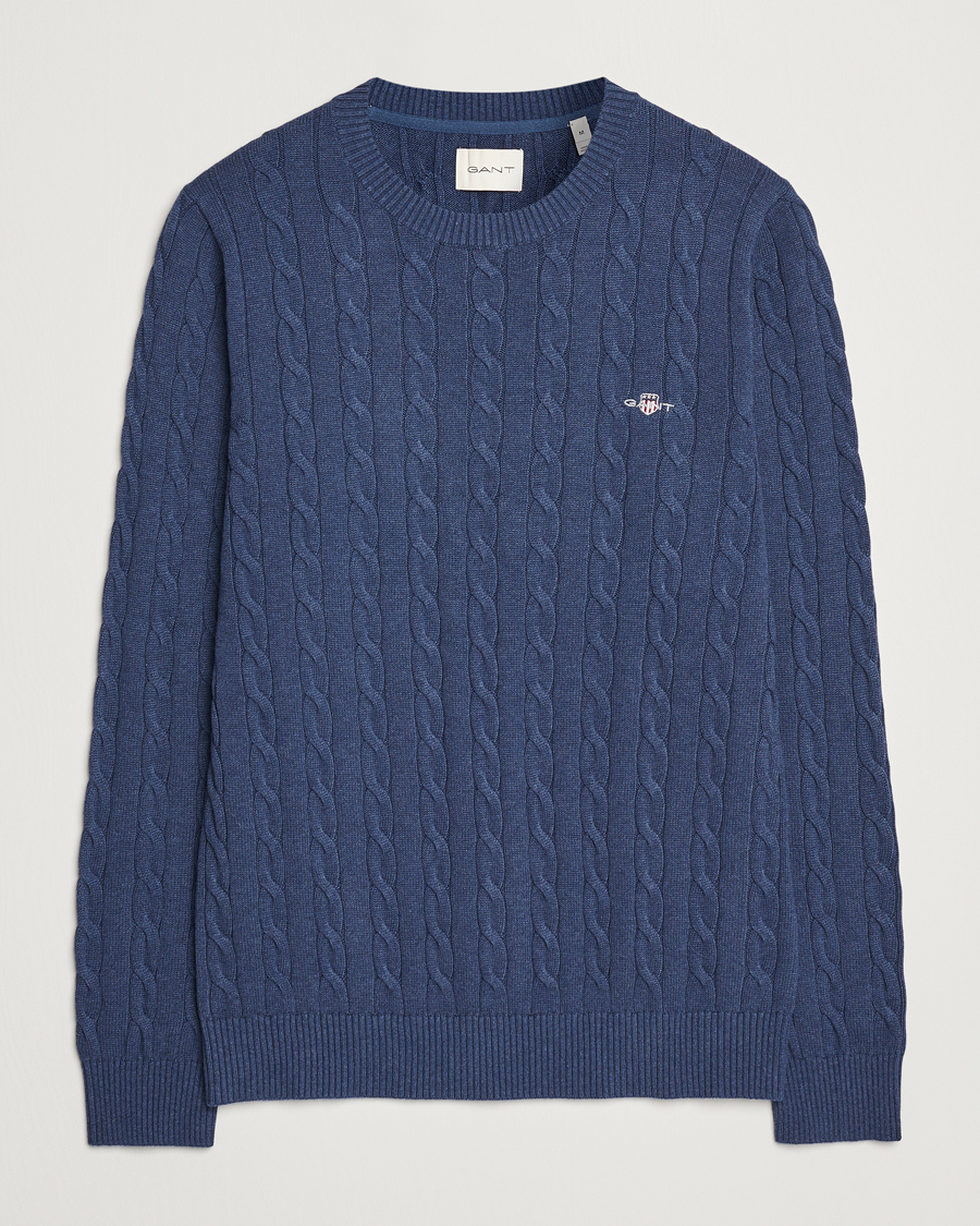 Men | Sweaters & Knitwear | GANT | Cotton Cable Crew Neck Dark Jeans Blue Melange