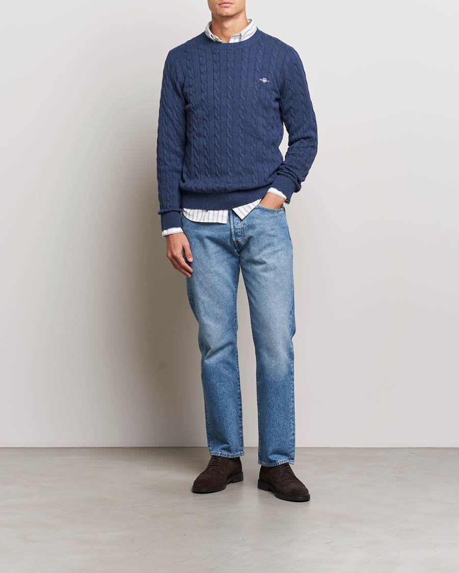 Men | Sweaters & Knitwear | GANT | Cotton Cable Crew Neck Dark Jeans Blue Melange
