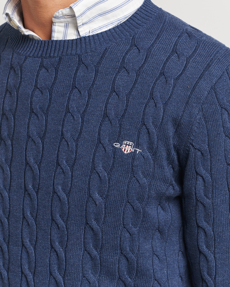 Men | Sweaters & Knitwear | GANT | Cotton Cable Crew Neck Dark Jeans Blue Melange