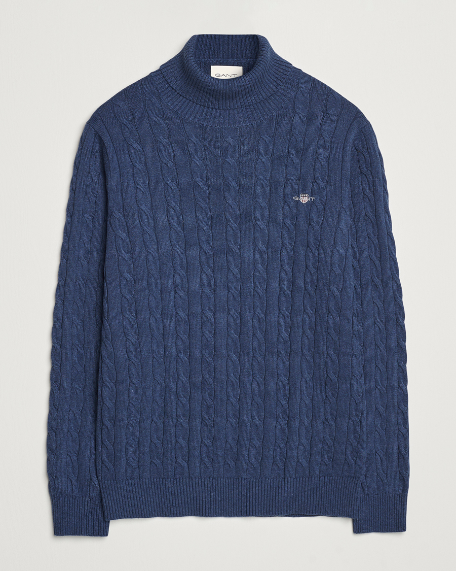Men | Sweaters & Knitwear | GANT | Cotton Cable Turtle Neck Dark Jeans Blue Melange