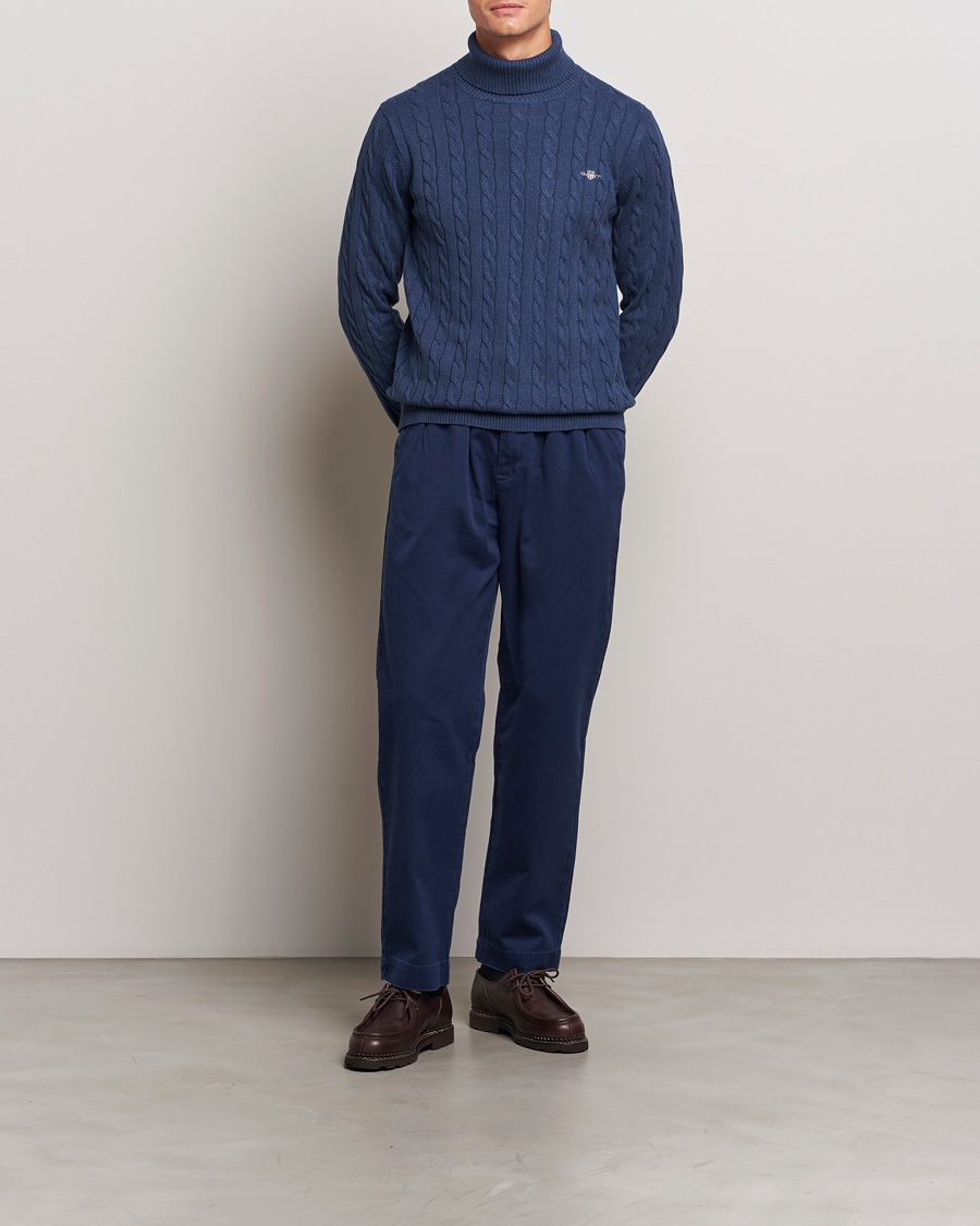 Men | Sweaters & Knitwear | GANT | Cotton Cable Turtle Neck Dark Jeans Blue Melange