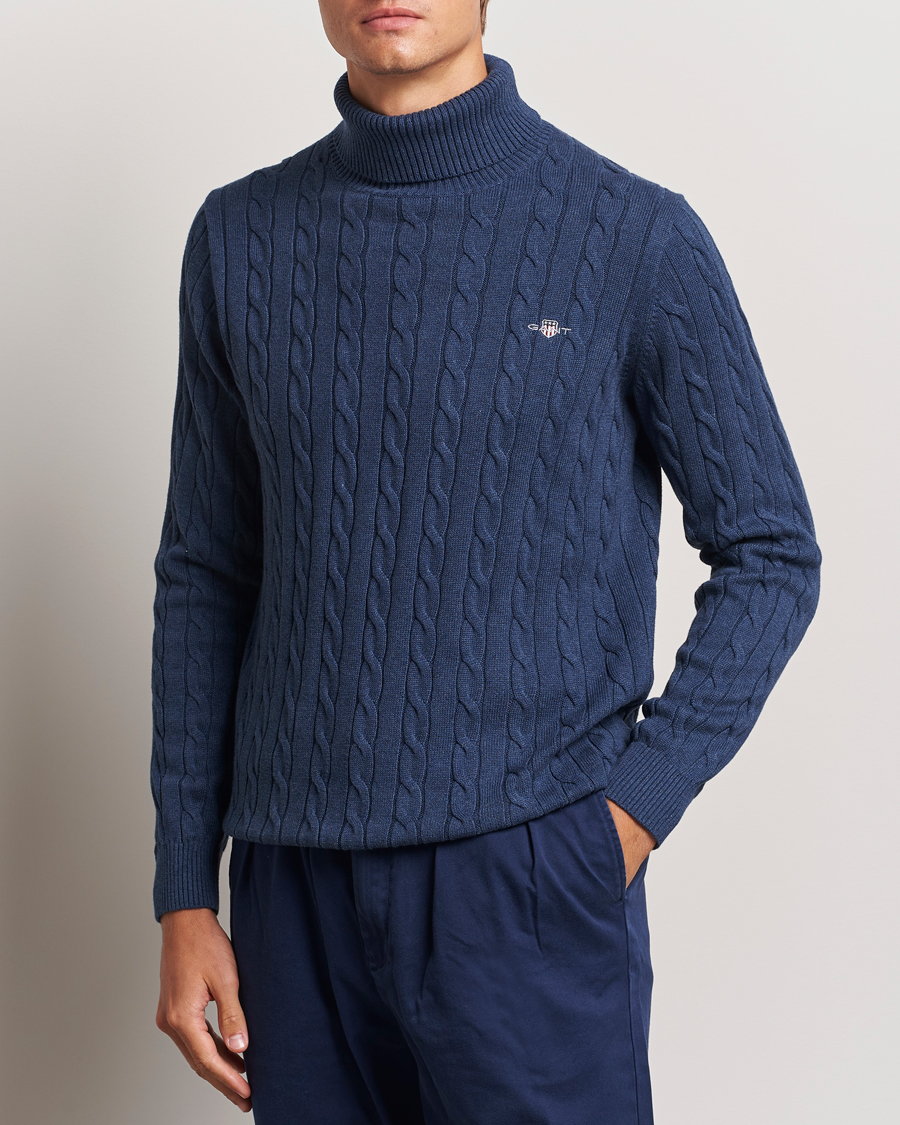 Men | Sweaters & Knitwear | GANT | Cotton Cable Turtle Neck Dark Jeans Blue Melange