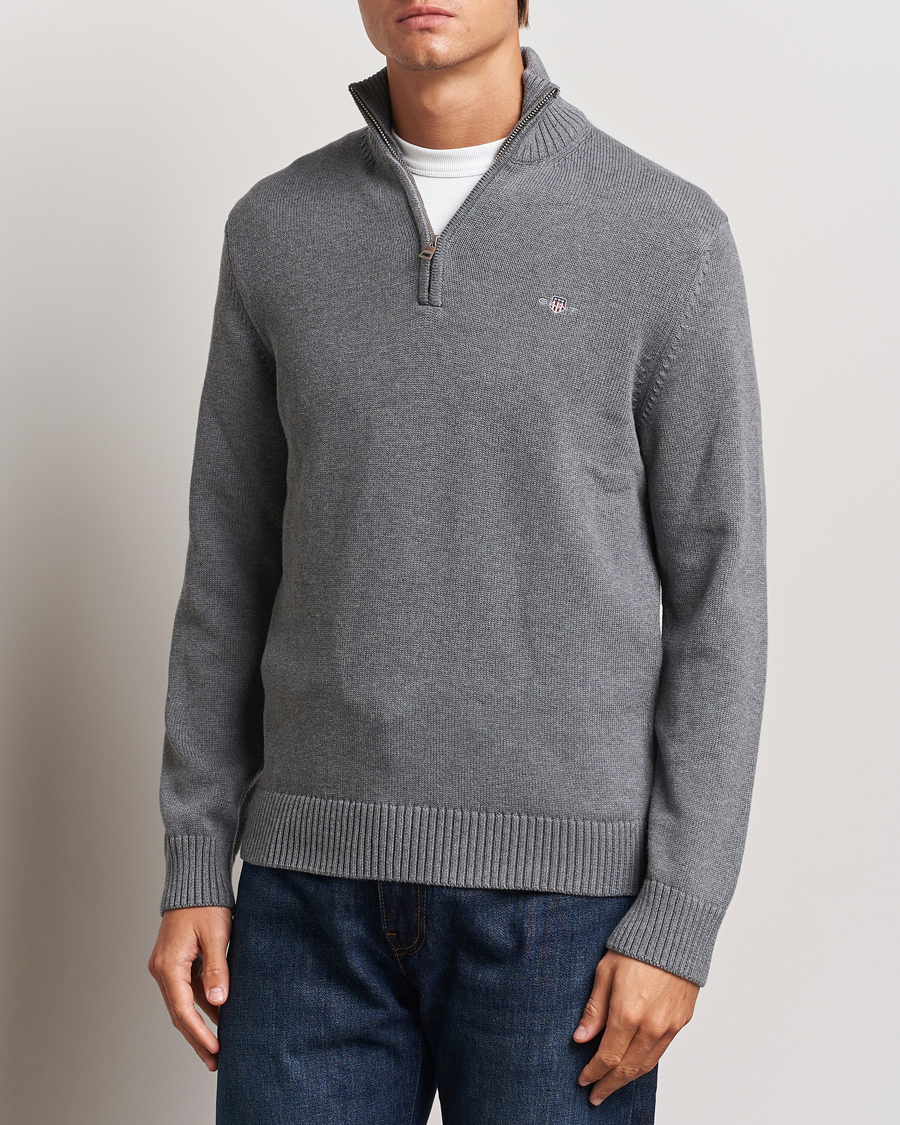 Men | Sweaters & Knitwear | GANT | Casual Cotton Half Zip Dark Grey Melange
