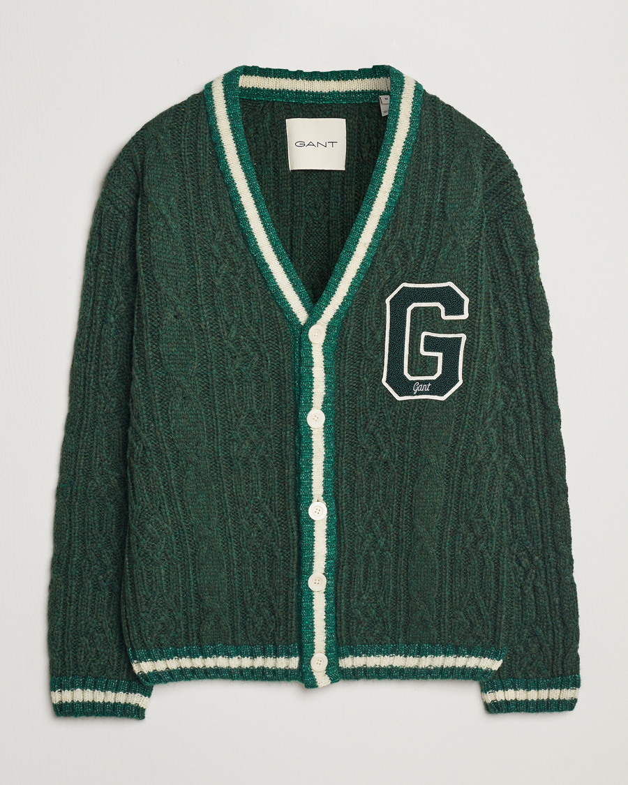 Men | Sweaters & Knitwear | GANT | Seasonal G Cable V-neck Cardigan Tartan Green
