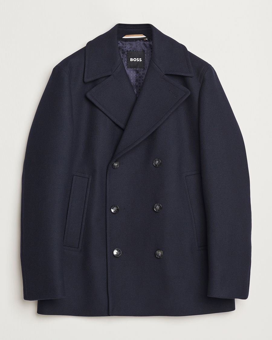 Men | Coats & Jackets | BOSS BLACK | Clay Wool Peacoat Dark Blue