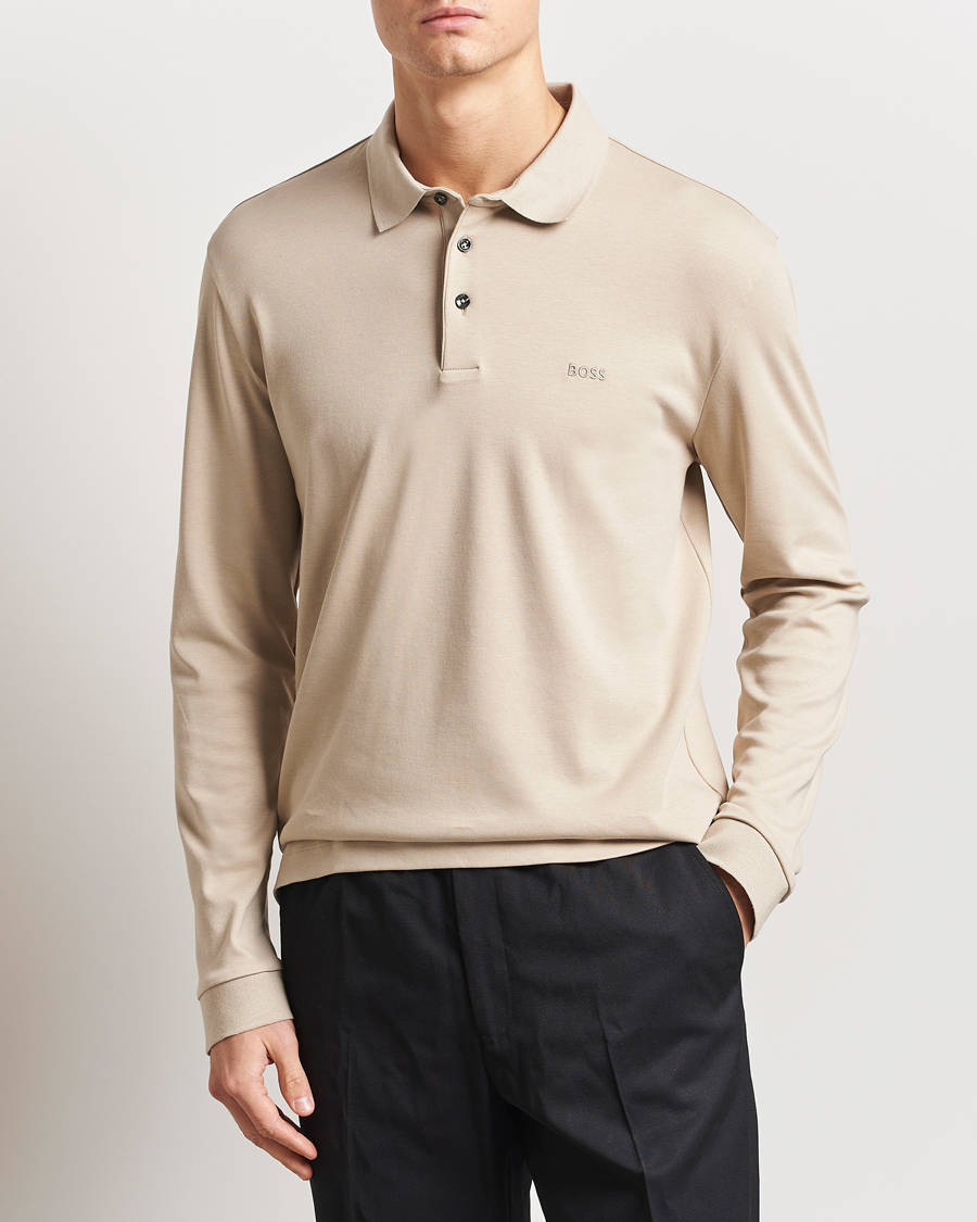 Men | Sweaters & Knitwear | BOSS BLACK | Pado Mercerized Long Sleeve Polo Light Beige