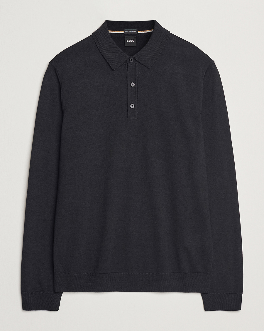 Men | Sweaters & Knitwear | BOSS BLACK | Lancione Merino Knitted Polo Black
