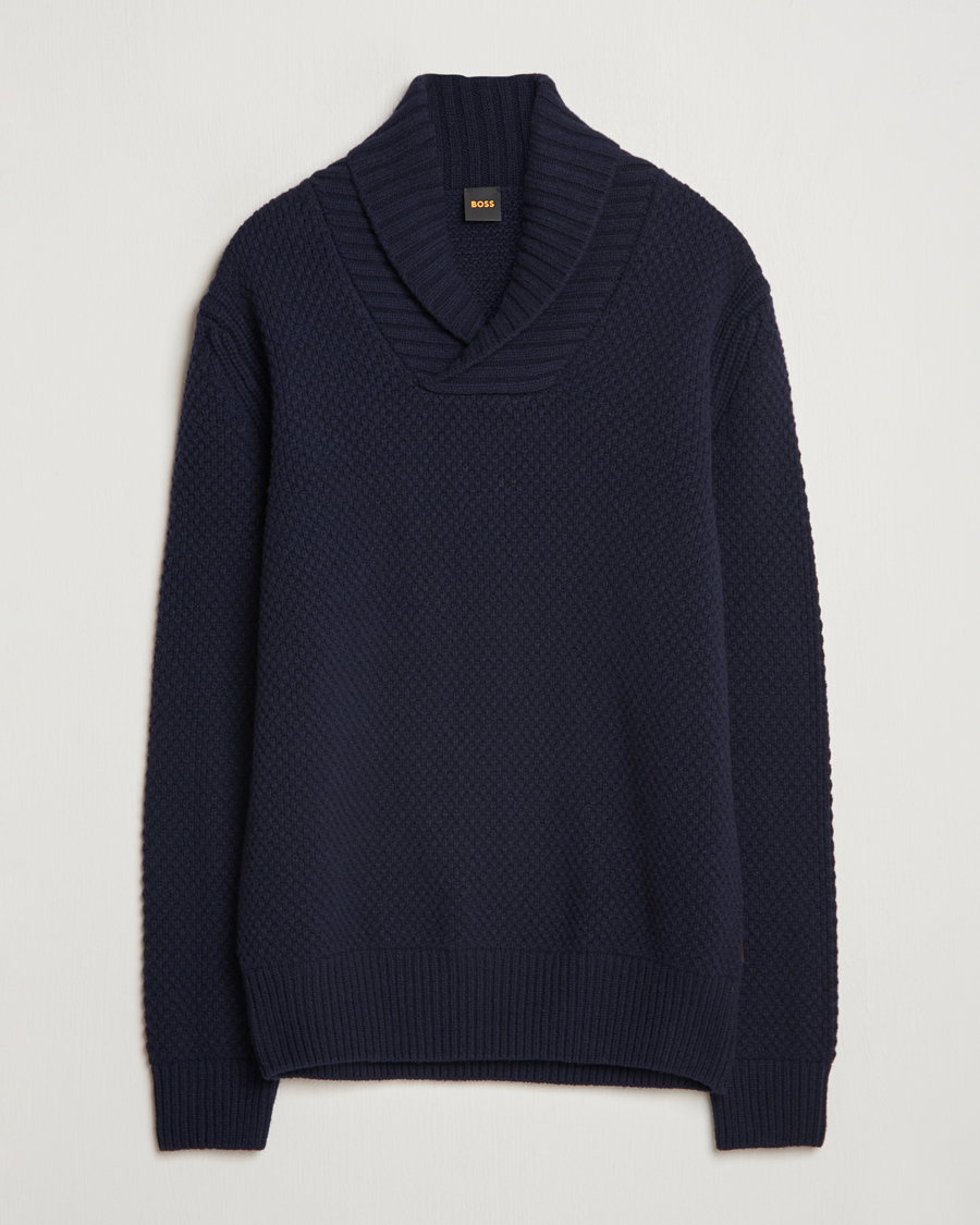 Men | Sweaters & Knitwear | BOSS ORANGE | Amadon Knitted Shawl Collar Sweater Dark Blue