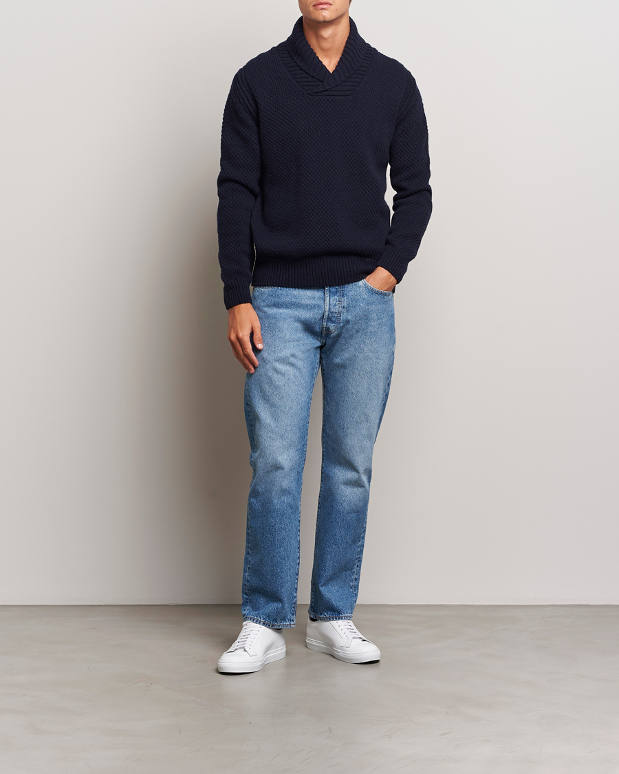 Men | Sweaters & Knitwear | BOSS ORANGE | Amadon Knitted Shawl Collar Sweater Dark Blue